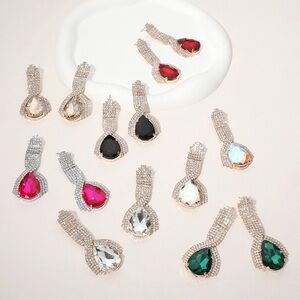 Teardrop Glass Stone Pointed Rhinestone Paved Evening Statement Earrings
